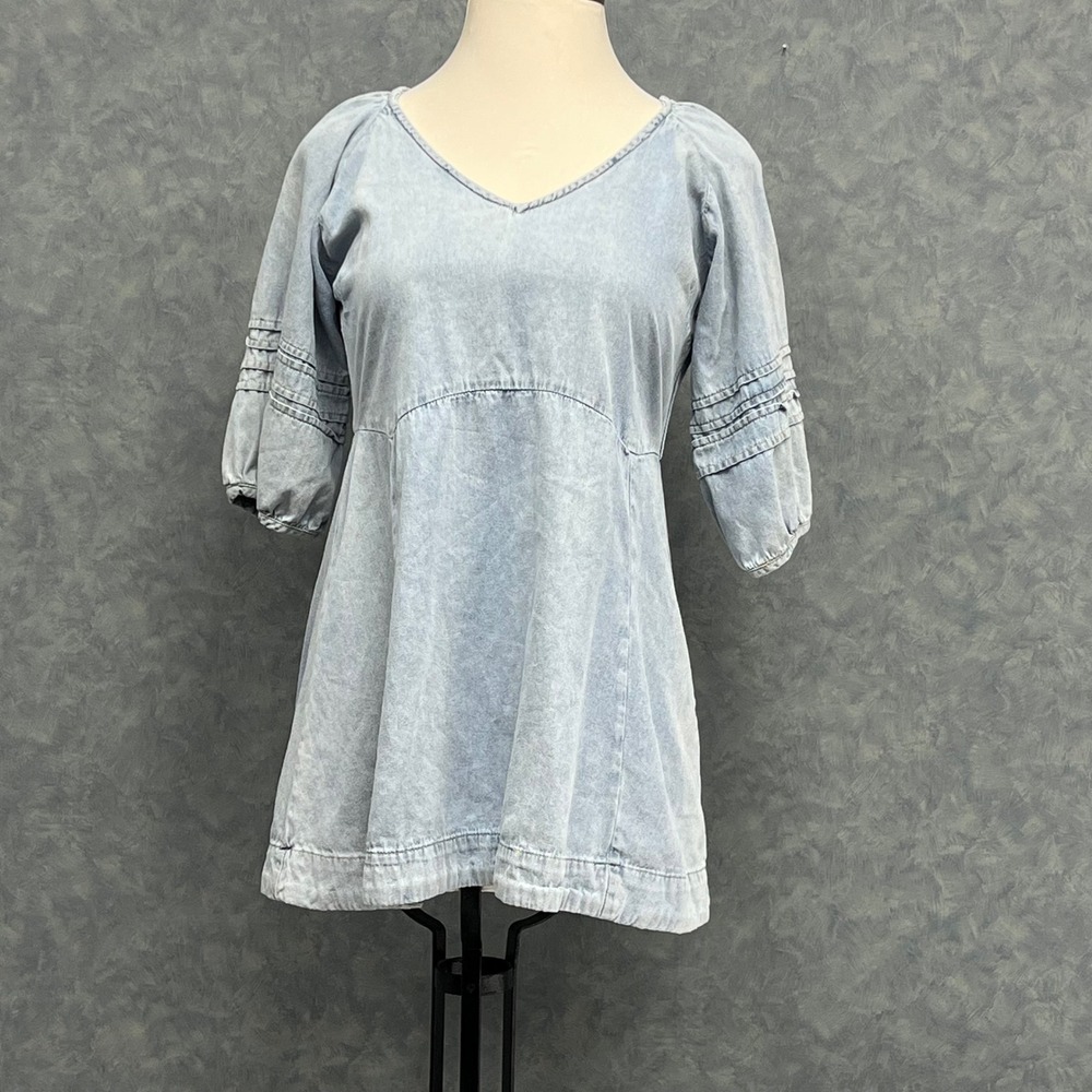 Umgee Denim Tunic‎ Dress Babydoll Style V Neck Casual Light Wash Size L